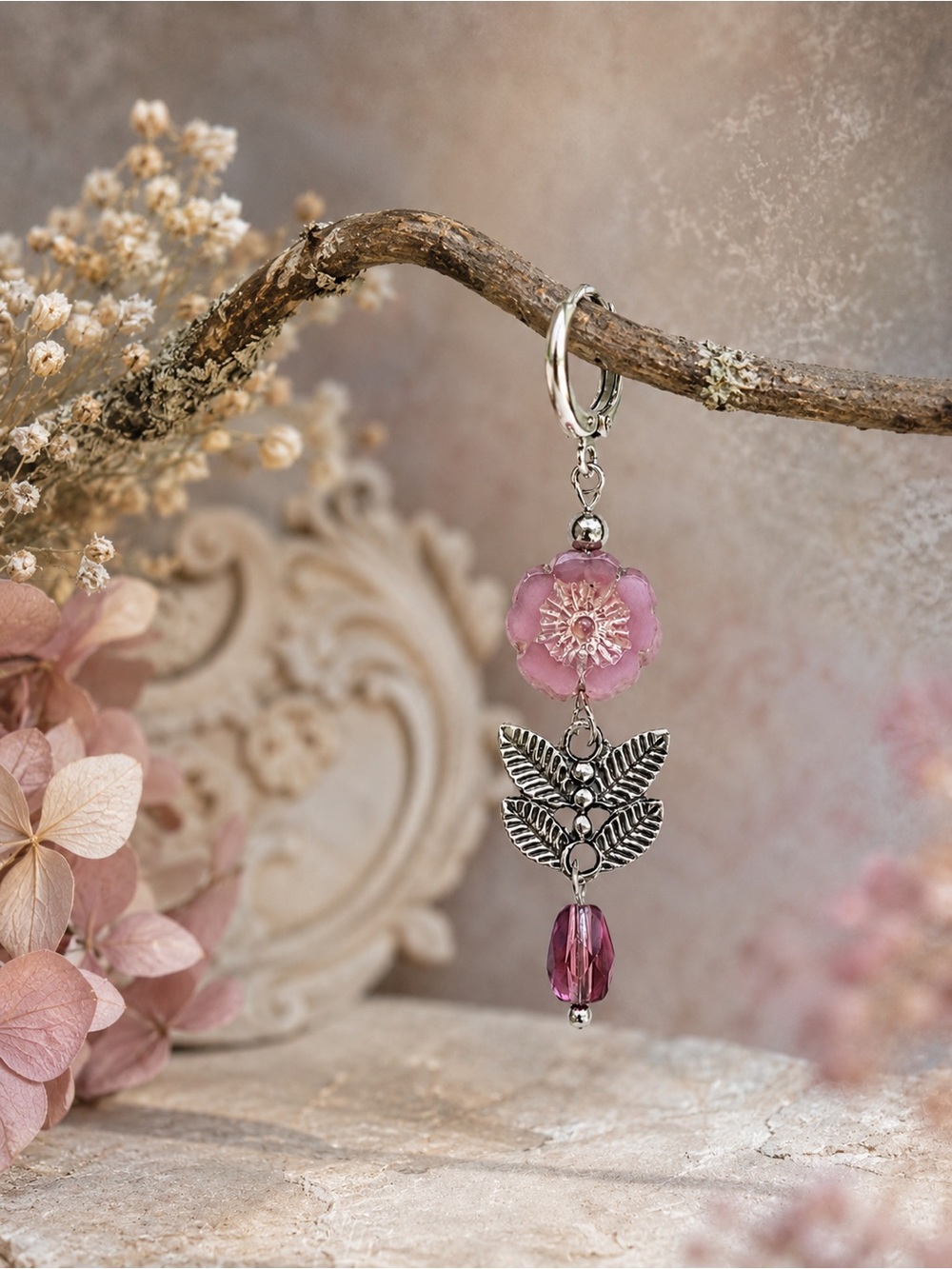 Pink Flower & Silver Leaf Dangle Earrings | Leverbacks - Picture 5 of 5